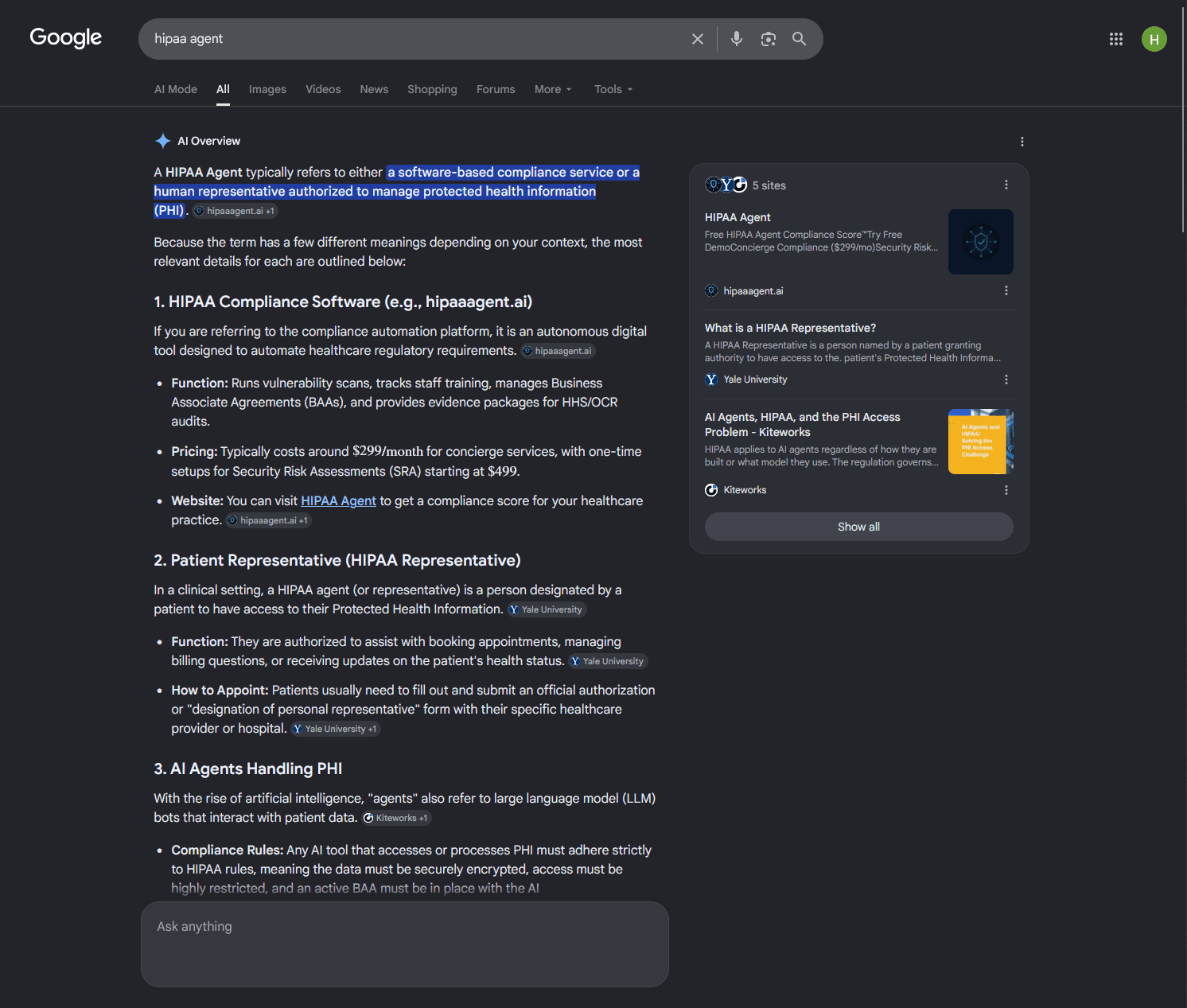 Google AI Overview citing hipaaagent.ai for the query 'hipaa agent'