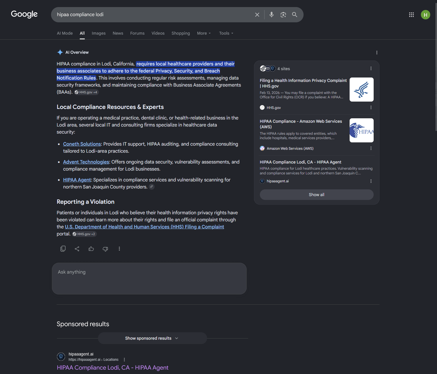 Google AI Overview citing hipaaagent.ai for the query 'hipaa compliance lodi'