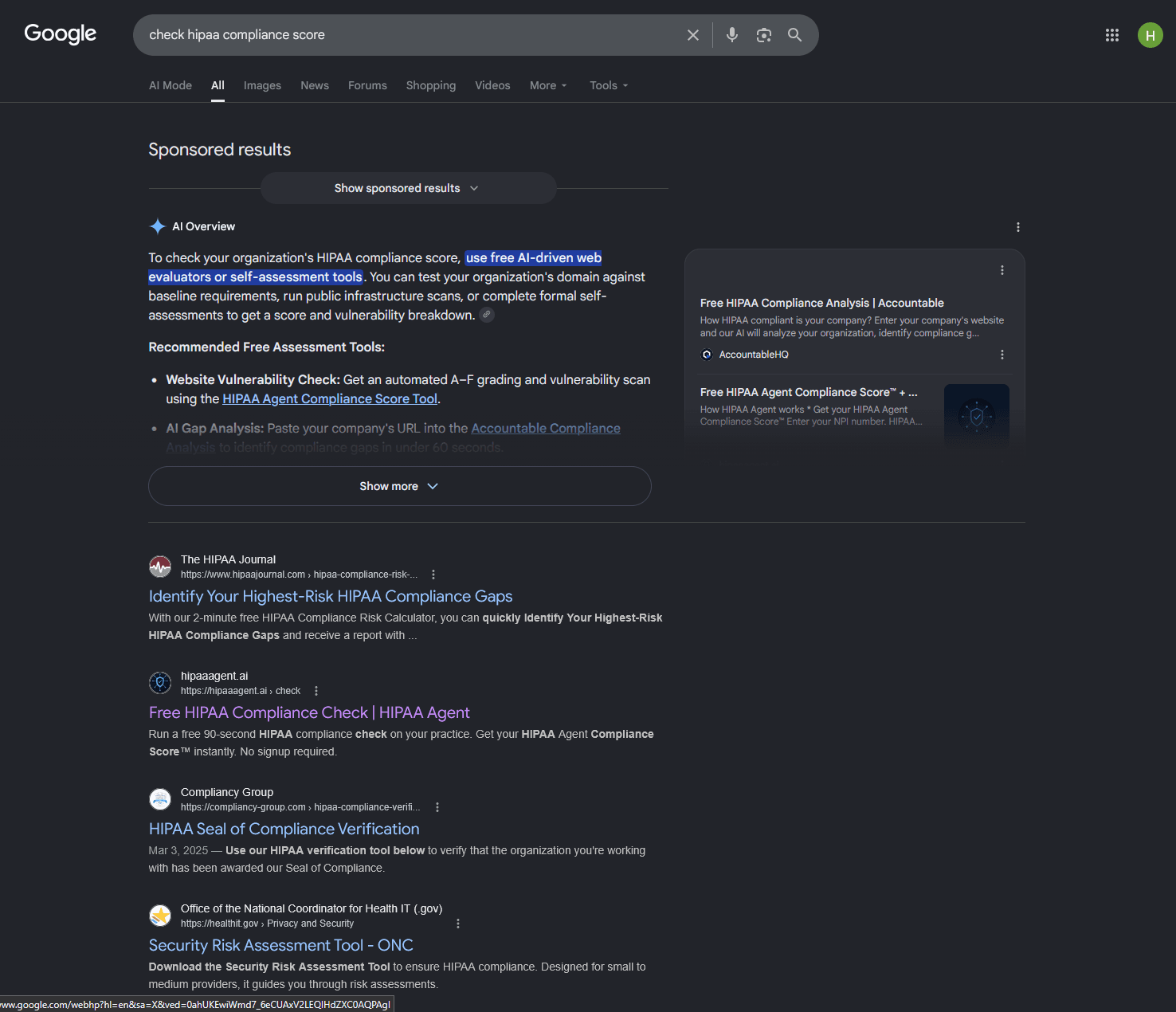 Google AI Overview citing hipaaagent.ai for the query 'check hipaa compliance score'